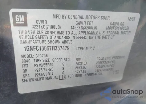 2007 Chevrolet Tahoe Lt z USA, uszkodzony, nr VIN 1GNFC13067R337479